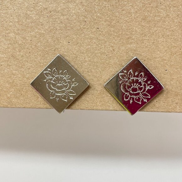 Vintage‎ Floral Earrings Geometric Clip-On Silver Tone Minimal Classic Retro - Picture 1 of 8